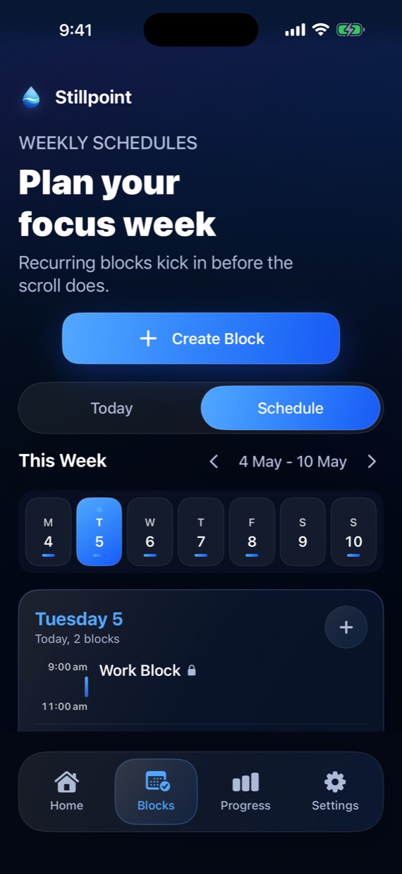 Stillpoint Blocks screen showing a weekly schedule with a work block.